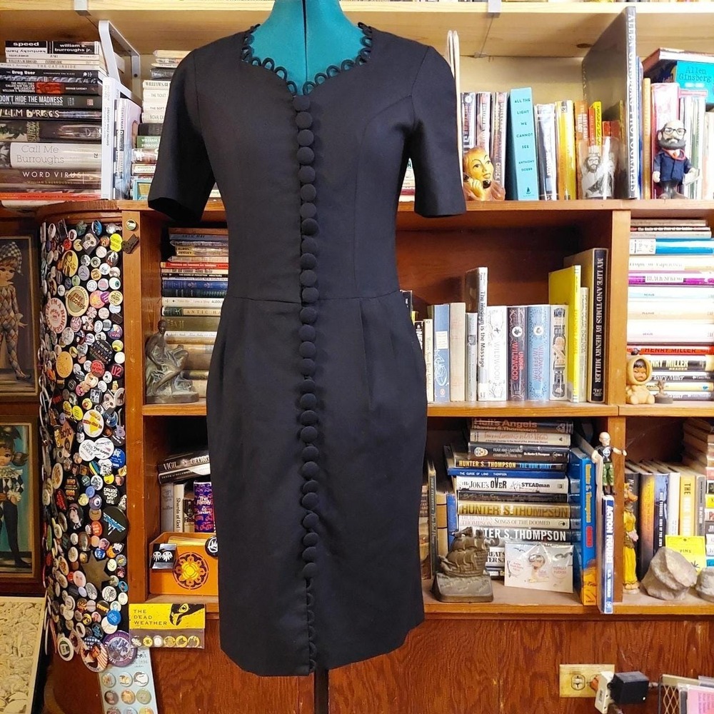 Vintage Halmode Petites Black Midi Dress Button Front Trim 90s Size 4P